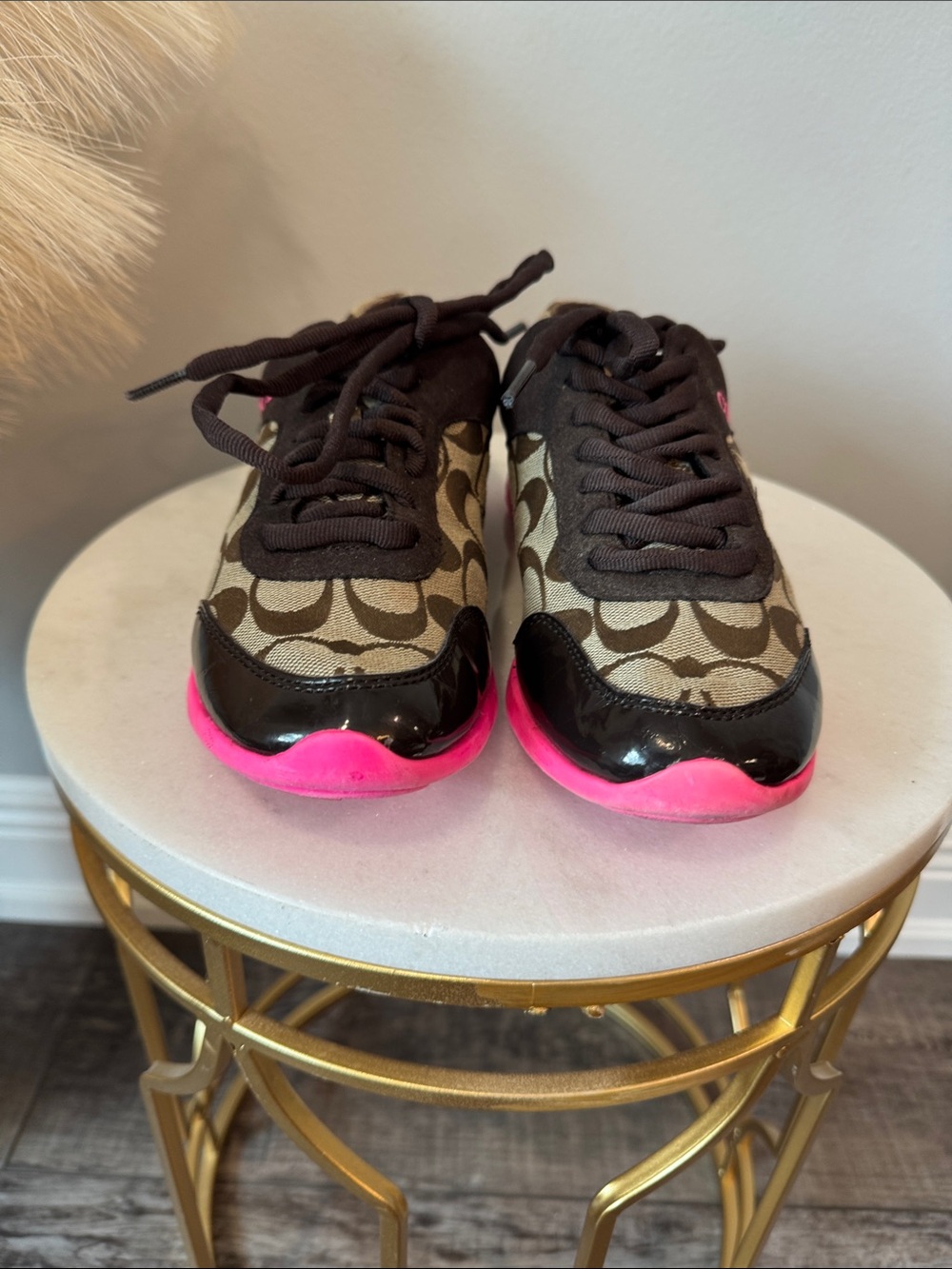 Coach Brown Signature Canvas Sneakers with Hot Pink Sole - Picture 2 of 10
